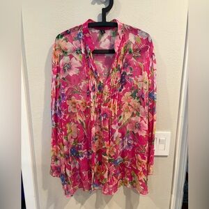 Ralph Lauren Pink Floral Sheer Silk Tunic Blouse Women’s Plus Size 1X EUC